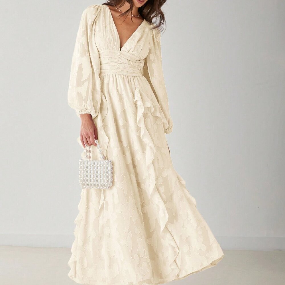 Apricot Elegant Women's Romantic V-Neck Ruffle Long Sleeve Maxi Dress - Picture 1 of 8
